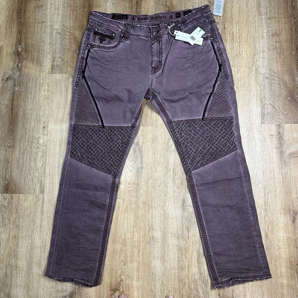 NEW Rock Revival Reid K6 Biker Jeans Men's 42 x 32 Burgundy Flex Stretch Pants